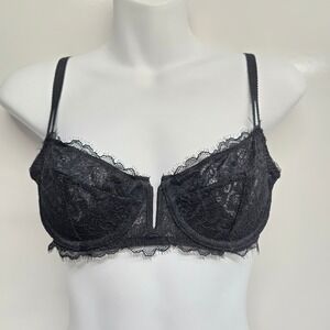 Auden Black Lace Unlined Balconette Bra‎ U-Wire Eyelash Trim 34A Lace V Slit